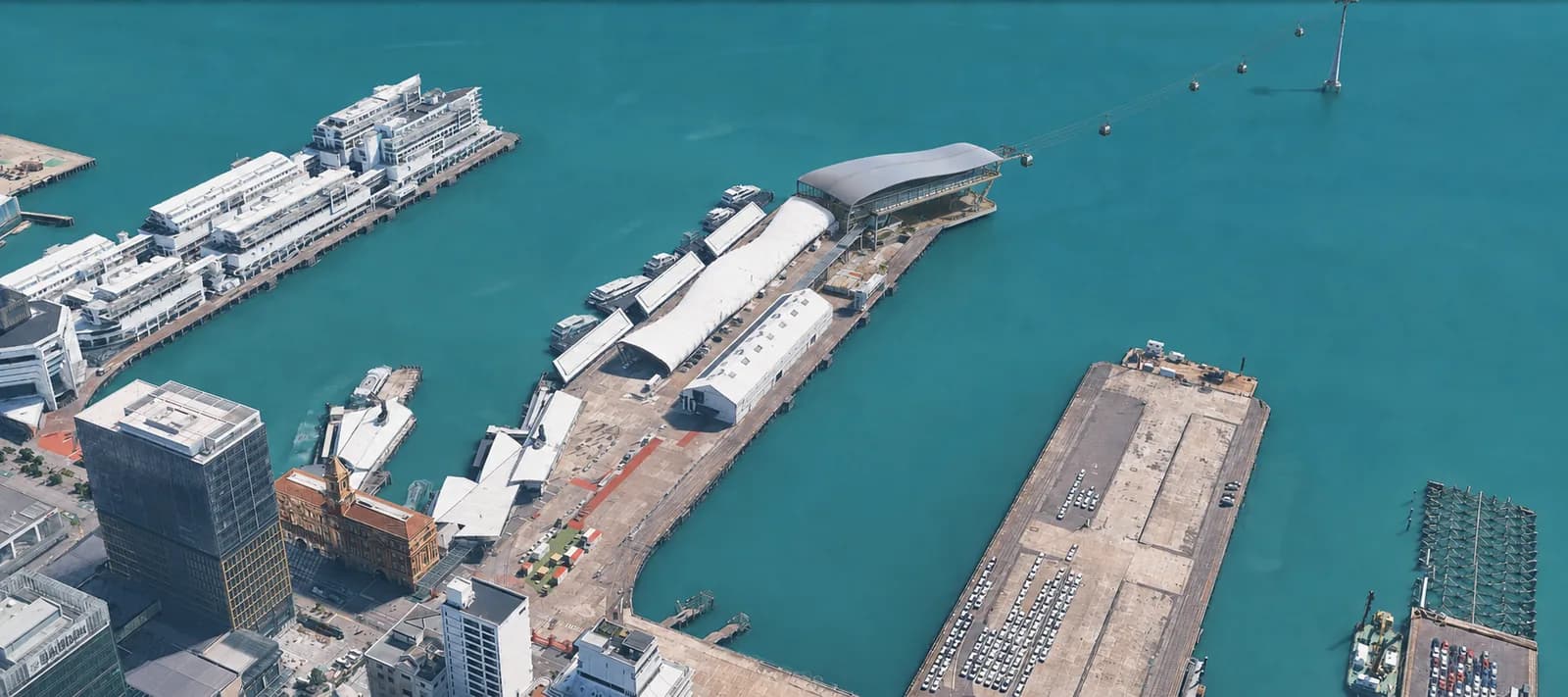 Artistic concept of an Auckland gondola beginning at Queens Wharf